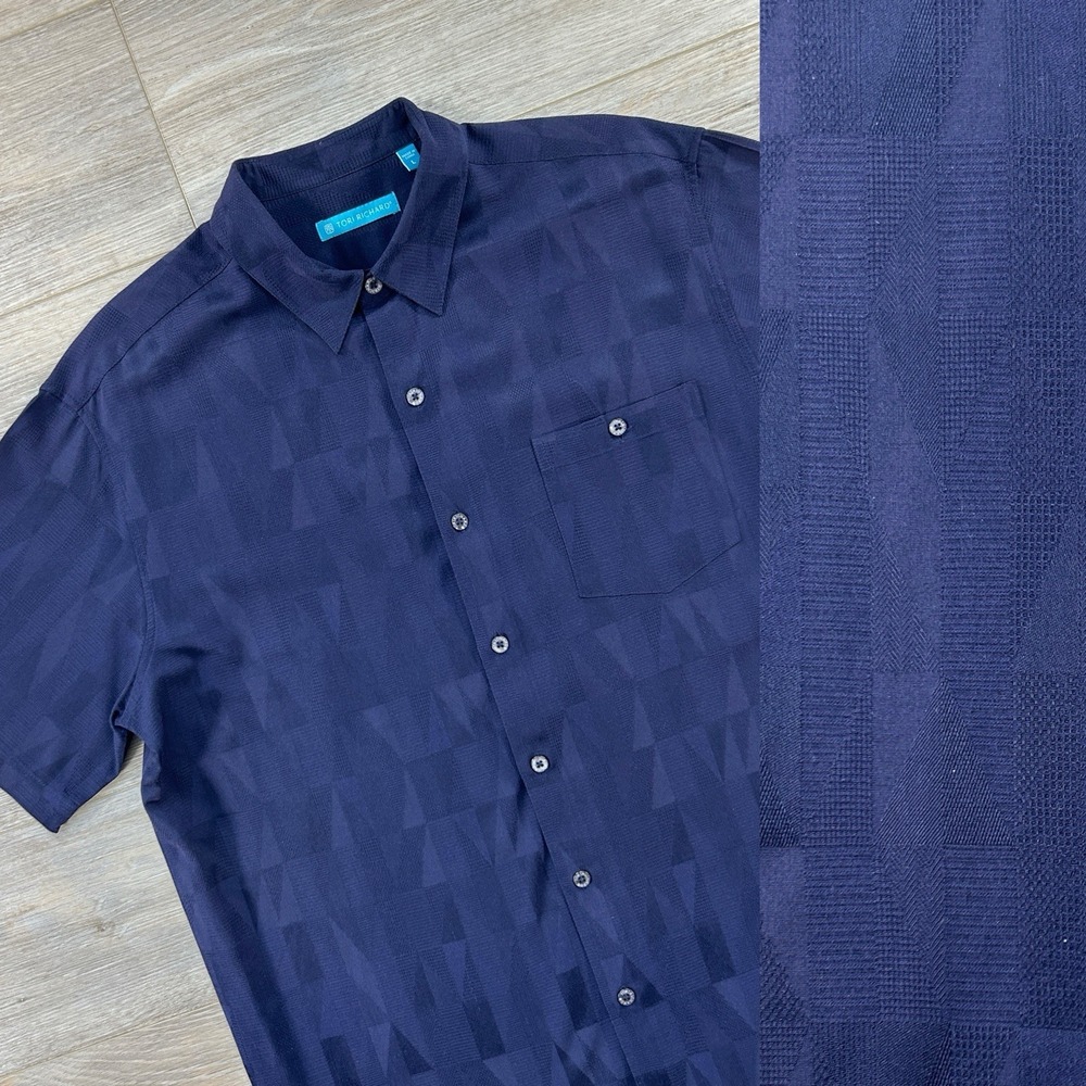 Tori Richard Mens Large Navy Silk Cotton Blend Short Sleeve Button Down Shirt
